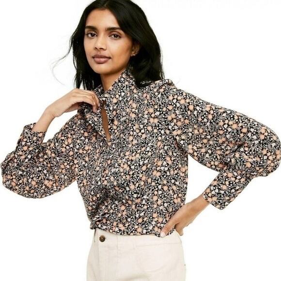 Nili Lotan Black Floral Pleated Pintuck Ruffle Button Long Sleeve Blouse LG/XL - Picture 1 of 13